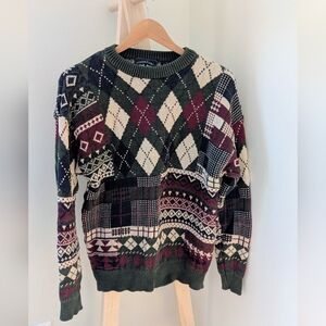 Vintage 90's Argyle Patchwork Abstract Crewneck Sweater In Navy/Burgundy